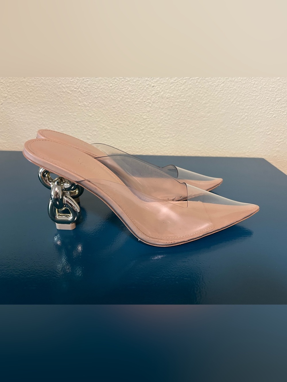cult gaia Clear Pointed-Toe Mules with Sculptural Gold Chain Heel